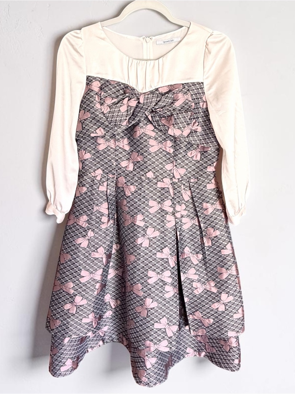 Kenneth Lady Korea Bow Print Dress Coquette Puff Sleeve Fit Flare Size 40 US Sm